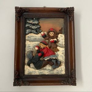 Mixed Media Assemblage Winter Children Playing In Snow Elaborate Framed Art